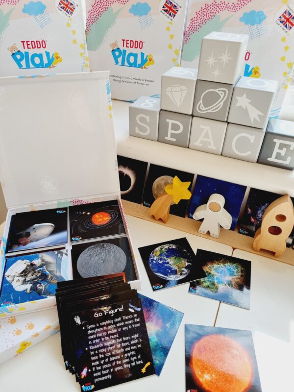 Space play set up with Teddö Play learning cards set